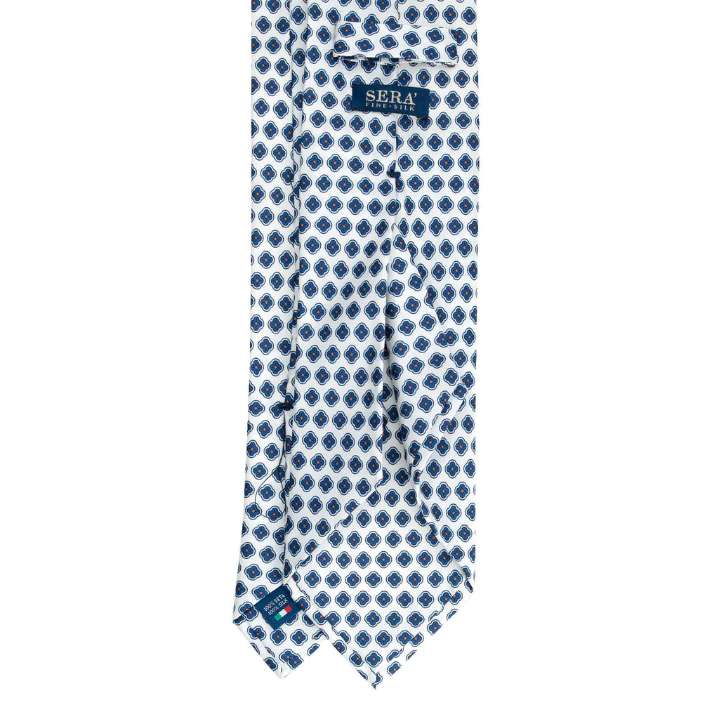 White Silk Tie with Small Blue Medallions Serà Fine Silk