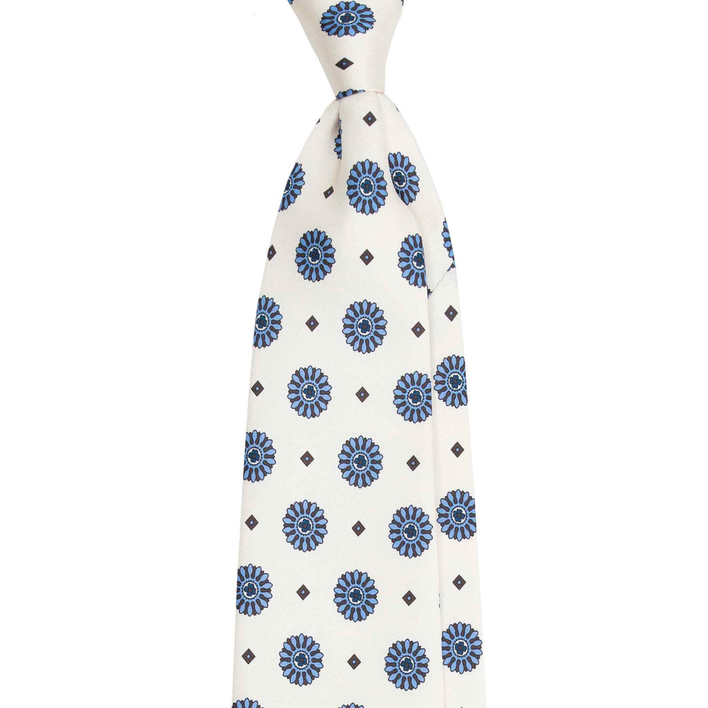 White Silk Tie with Light Blue Big Medallions Serà Fine Silk