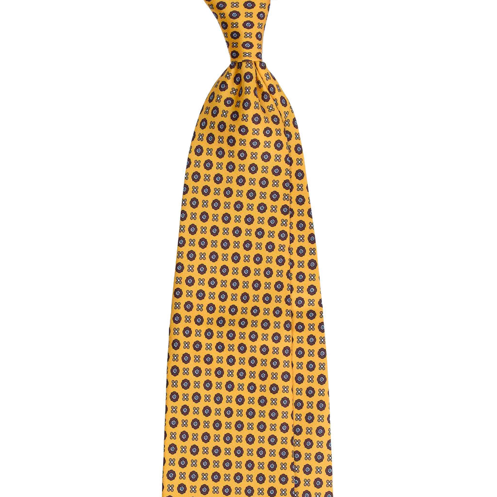 Yellow Silk Tie with Brown Small Flowers Serà Fine Silk