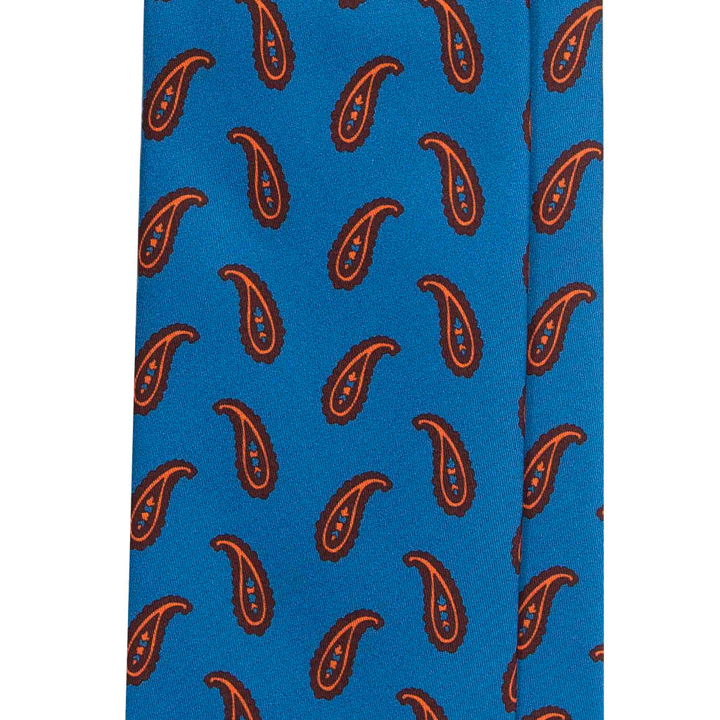 Blue Silk Tie with Big Orange Paisley Serà Fine Silk