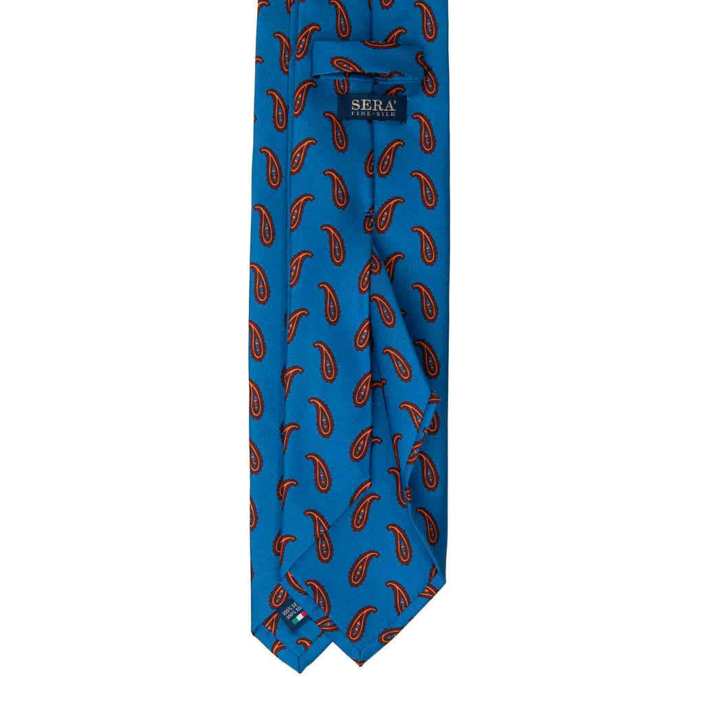 Blue Silk Tie with Big Orange Paisley Serà Fine Silk