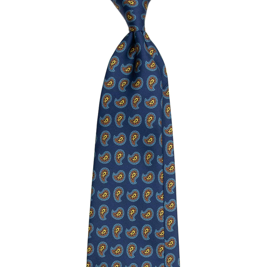 Blue Silk Tie with Brown and Yellow Paisley Serà Fine Silk