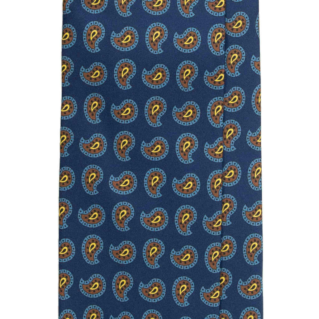 Blue Silk Tie with Brown and Yellow Paisley Serà Fine Silk