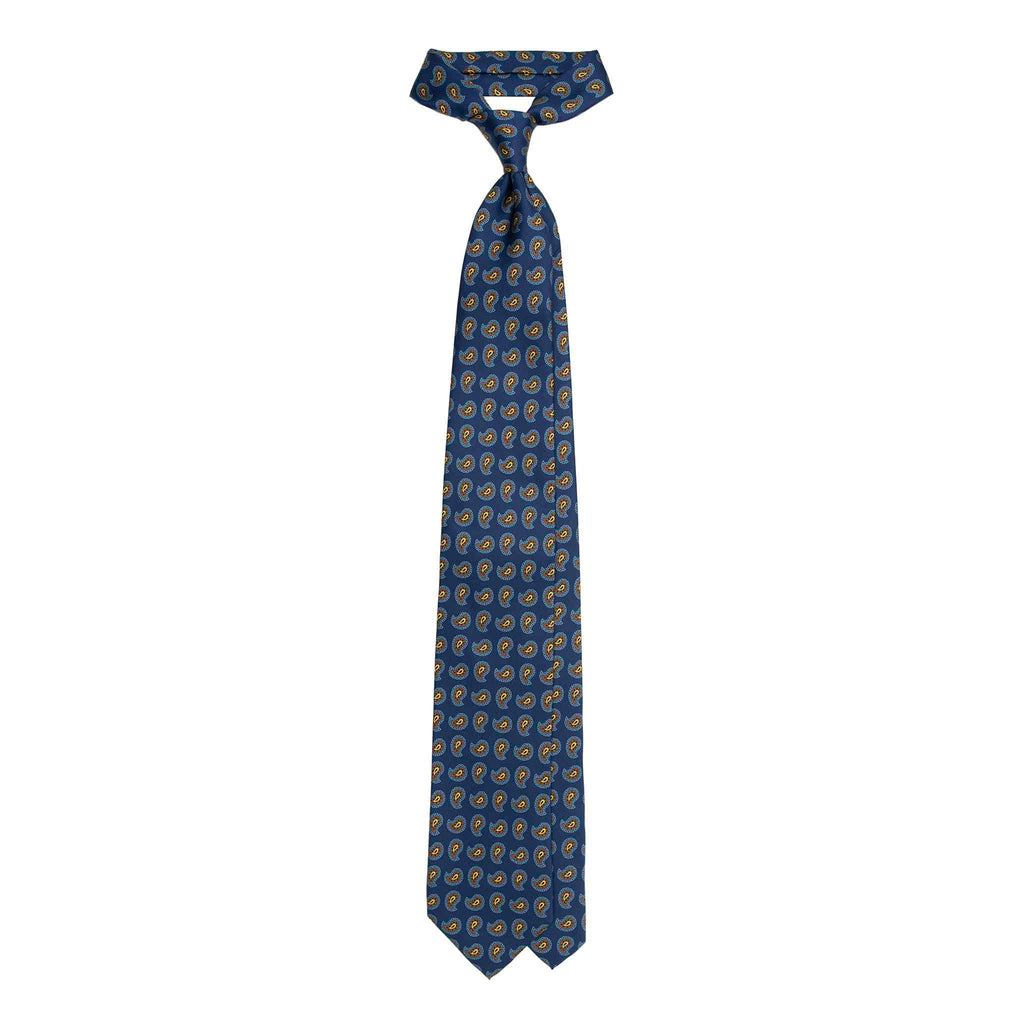 Blue Silk Tie with Brown and Yellow Paisley Serà Fine Silk