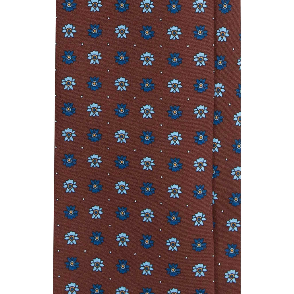 Brown Silk Tie with Blue Flowers Serà Fine Silk