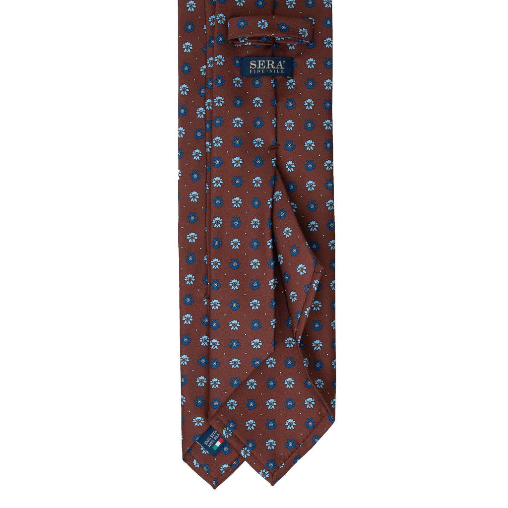 Brown Silk Tie with Blue Flowers Serà Fine Silk