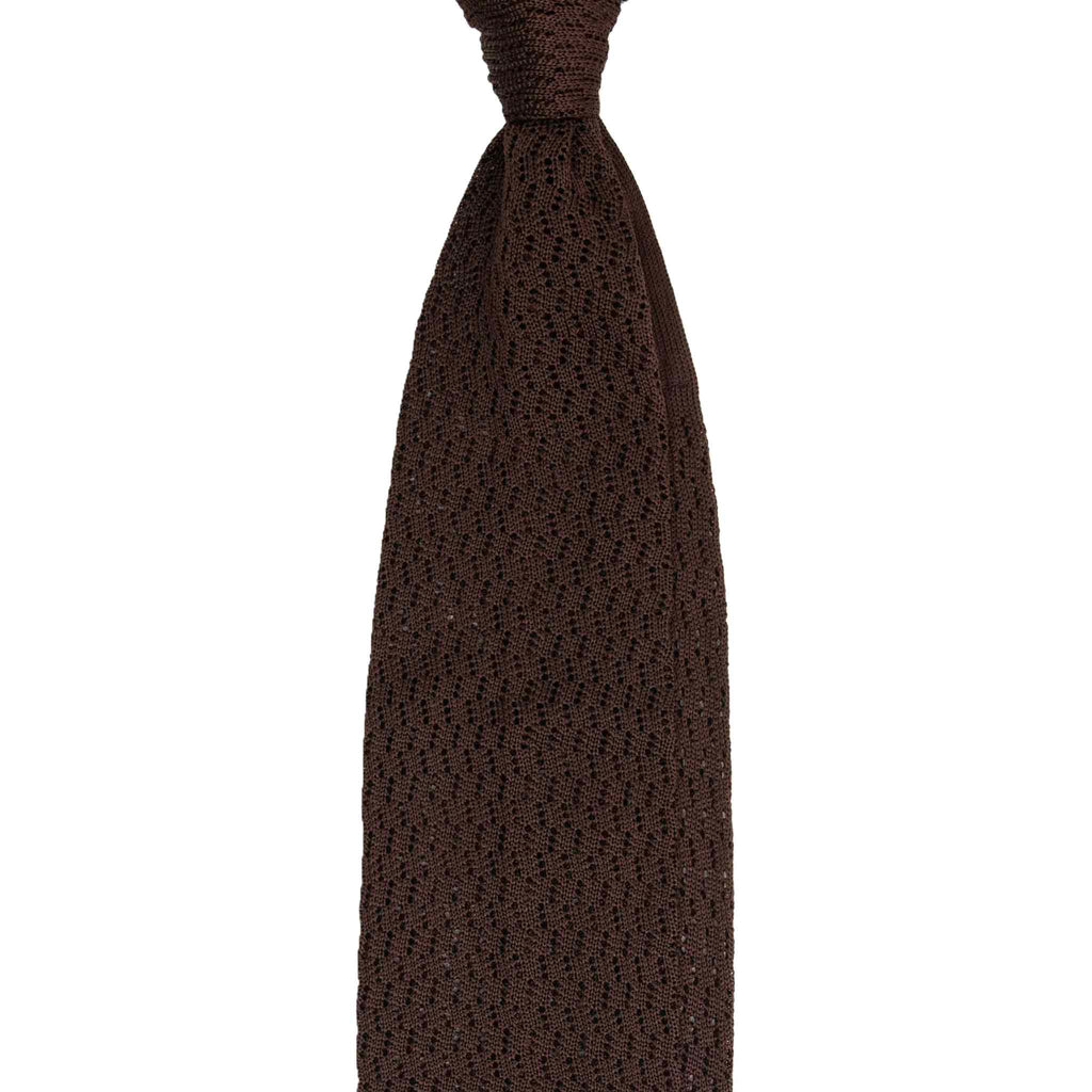 Brown Zig Zag V Point Knitted Silk Tie Serà Fine Silk