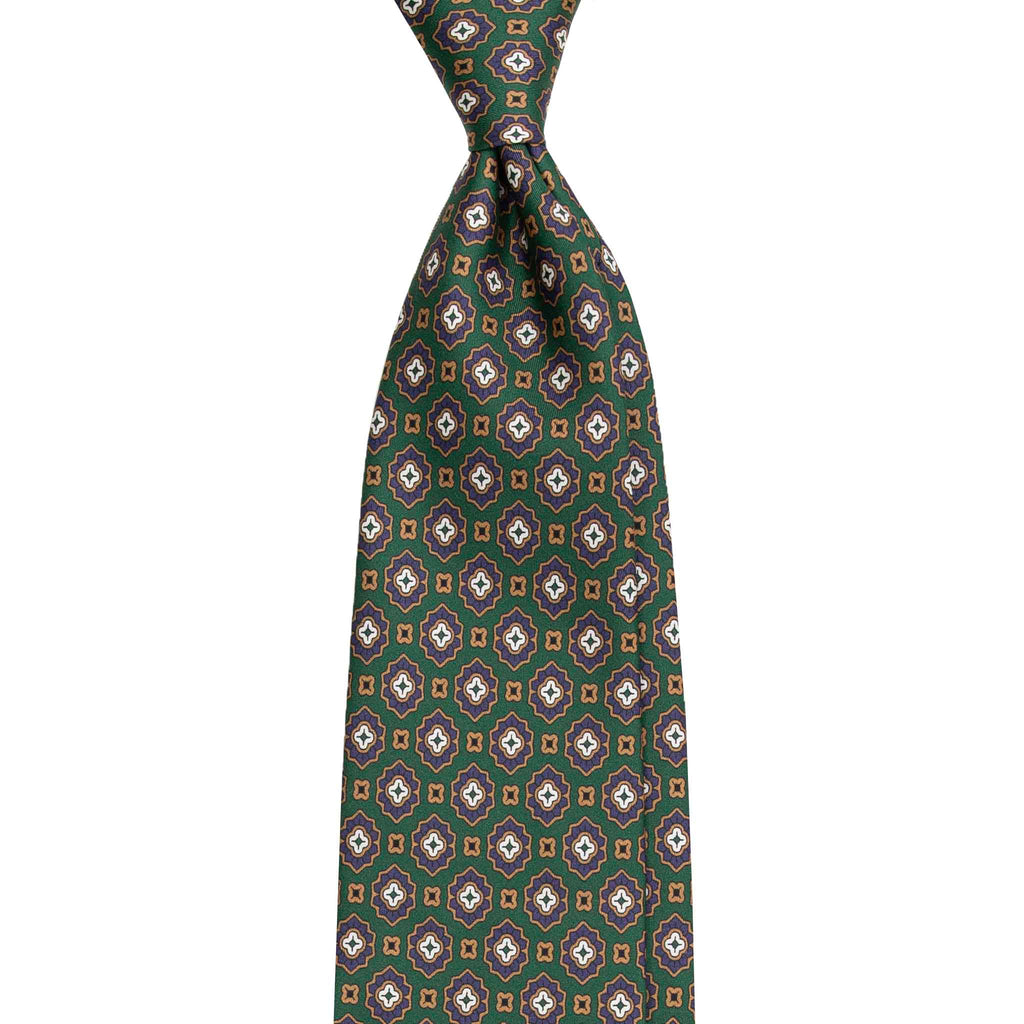 Emerland Green Silk Tie with Purple Flower Medallions Serà Fine Silk