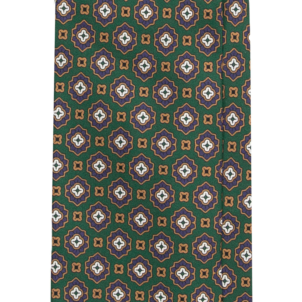 Emerland Green Silk Tie with Purple Flower Medallions Serà Fine Silk