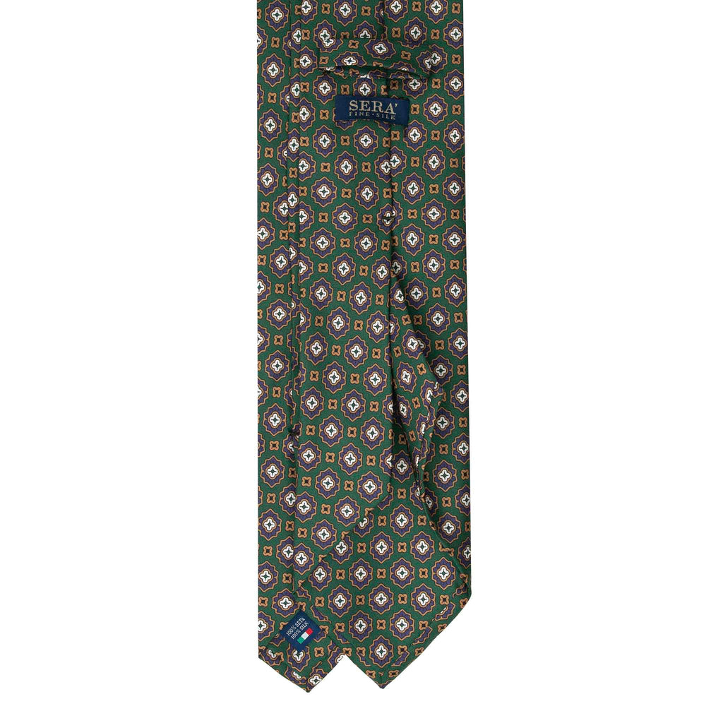 Emerland Green Silk Tie with Purple Flower Medallions Serà Fine Silk