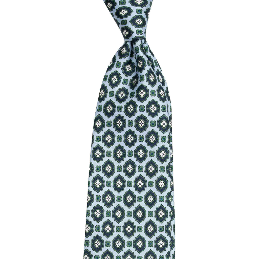 Light Blue Silk Tie with Green Flower Medallions Serà Fine Silk