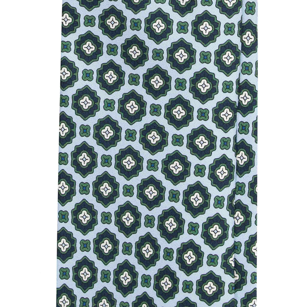 Light Blue Silk Tie with Green Flower Medallions Serà Fine Silk