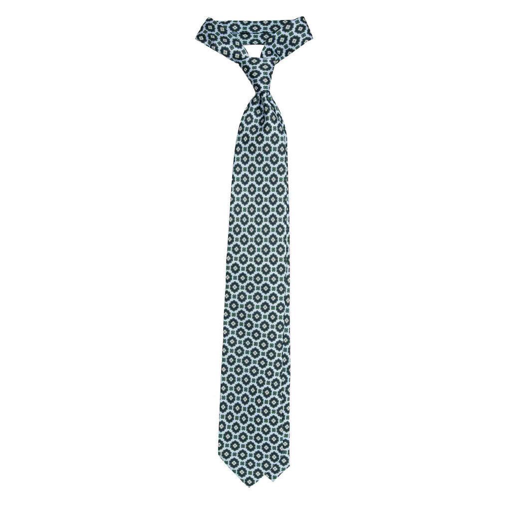 Light Blue Silk Tie with Green Flower Medallions Serà Fine Silk