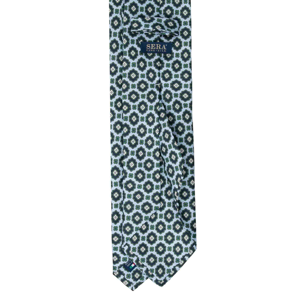 Light Blue Silk Tie with Green Flower Medallions Serà Fine Silk