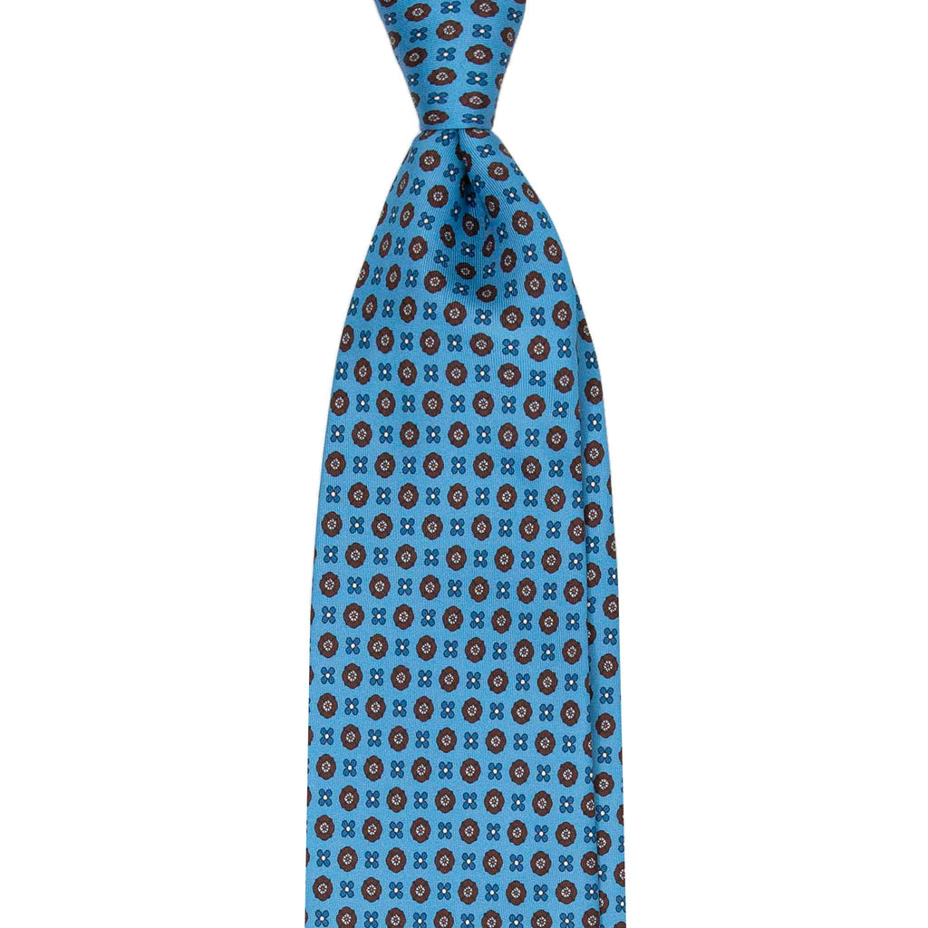 Light Blue Silk Tie with Brown Small Flowers Serà Fine Silk