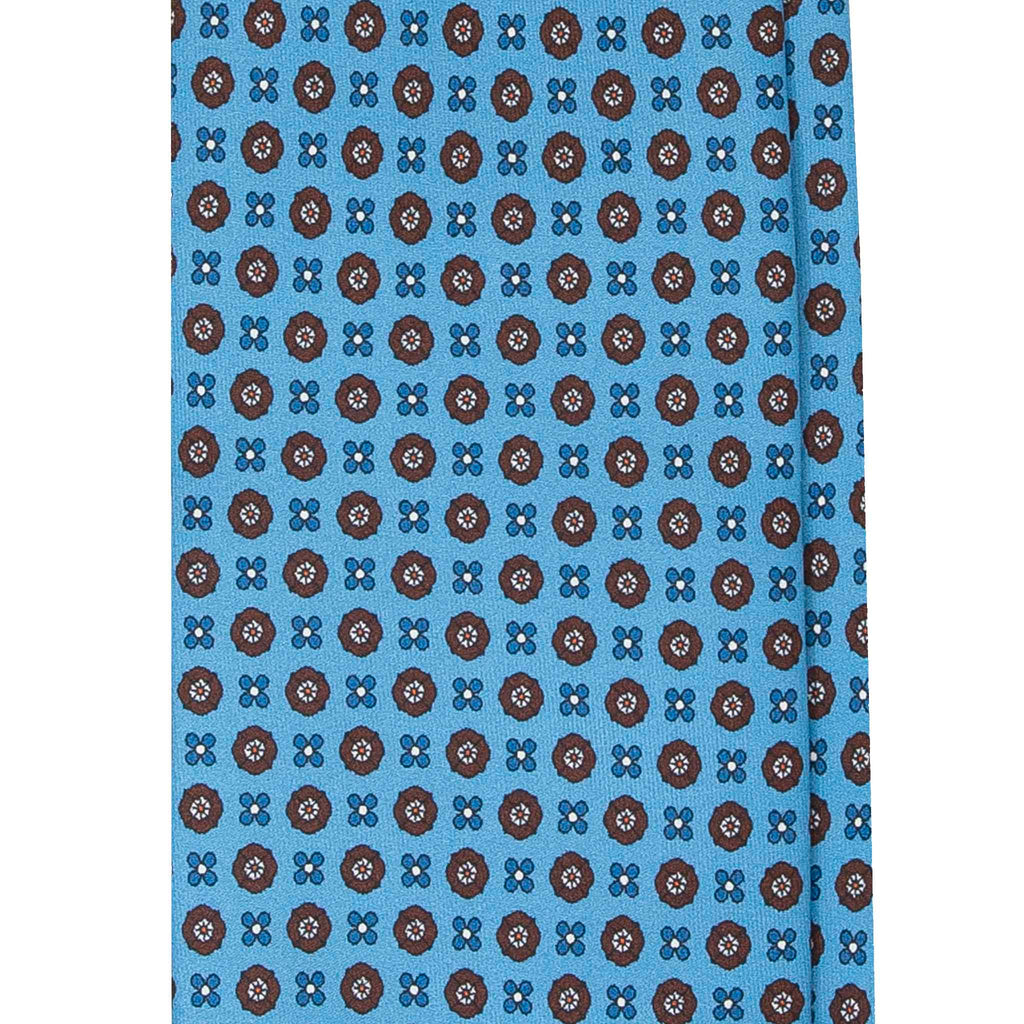 Light Blue Silk Tie with Brown Small Flowers Serà Fine Silk