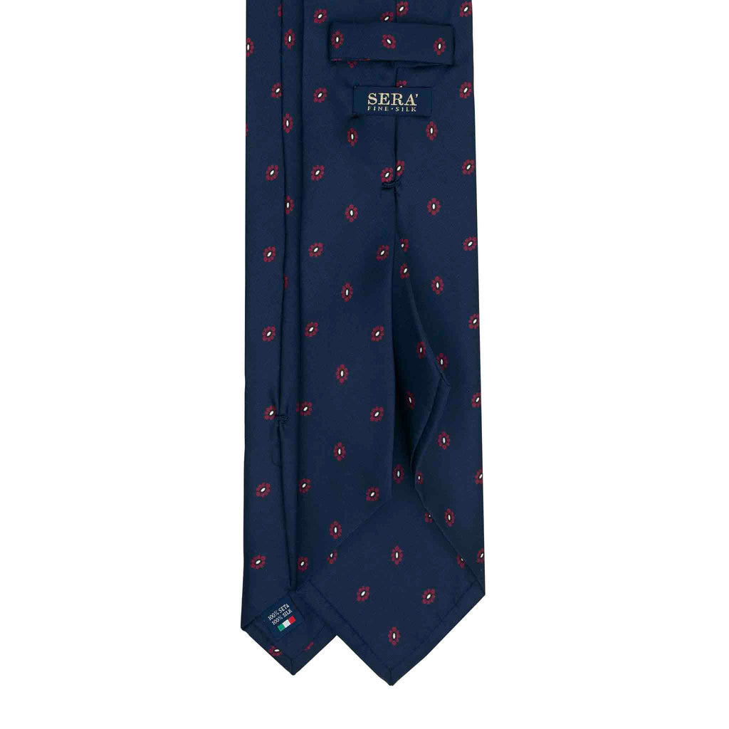 Navy Blue Silk Tie with Burgundy Flowers Serà Fine Silk