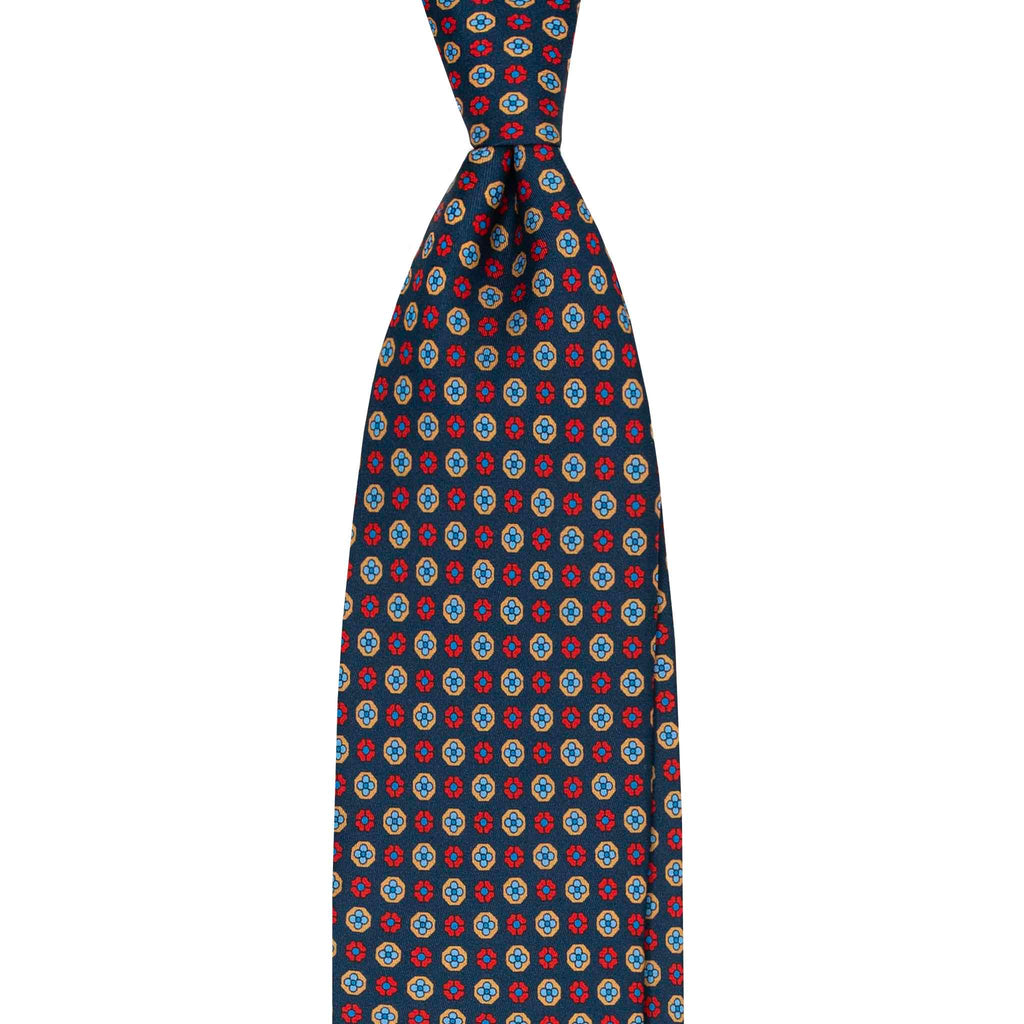 Navy Blue Silk Tie with Red & Light Blue Flowers Serà Fine Silk