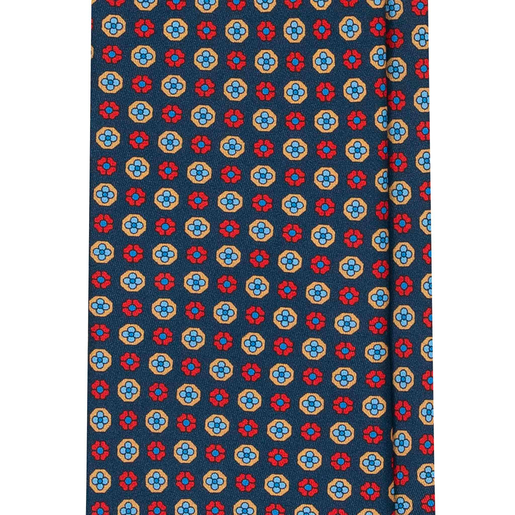 Navy Blue Silk Tie with Red & Light Blue Flowers Serà Fine Silk