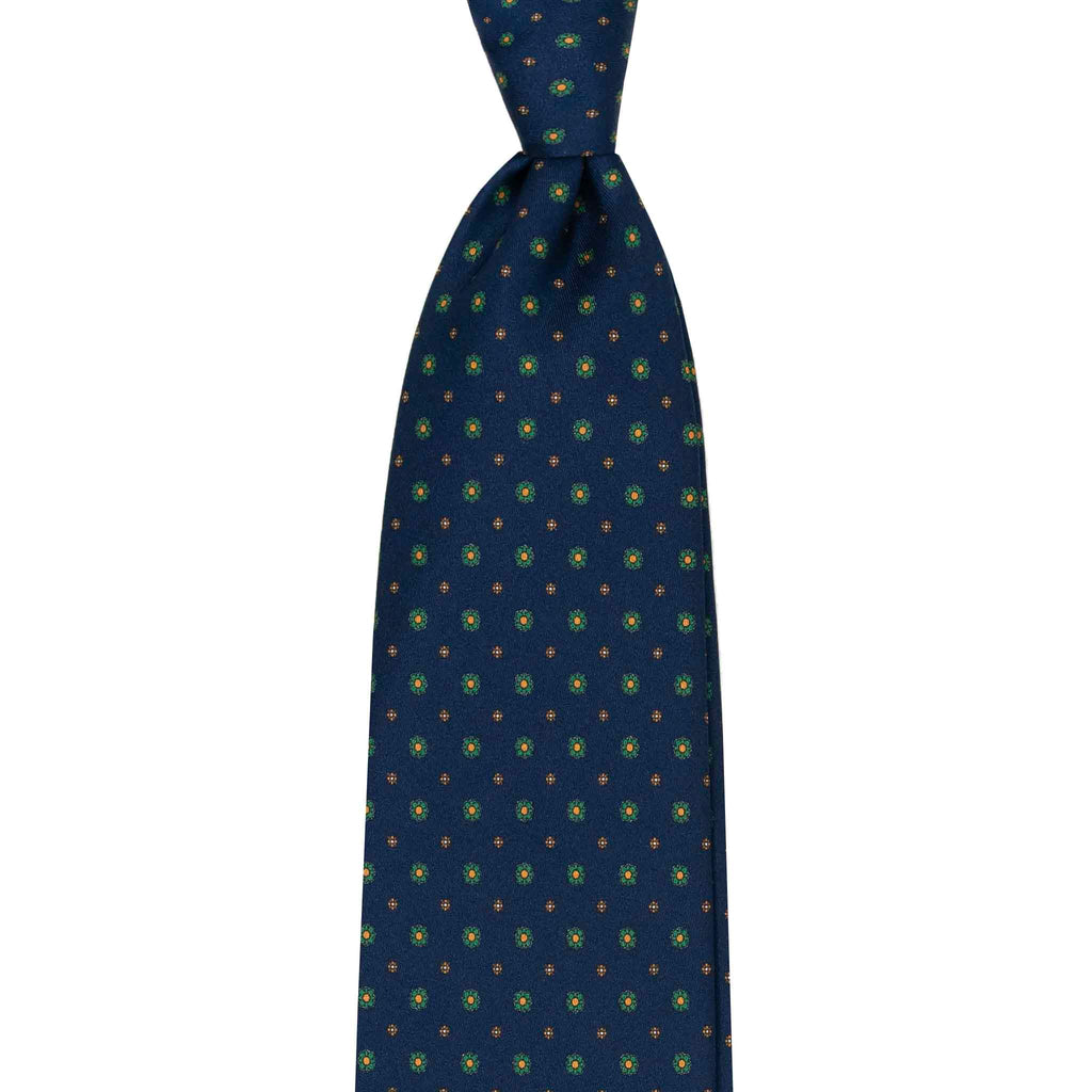 Navy Blue Silk Tie with Small Flowers Pattern Serà Fine Silk