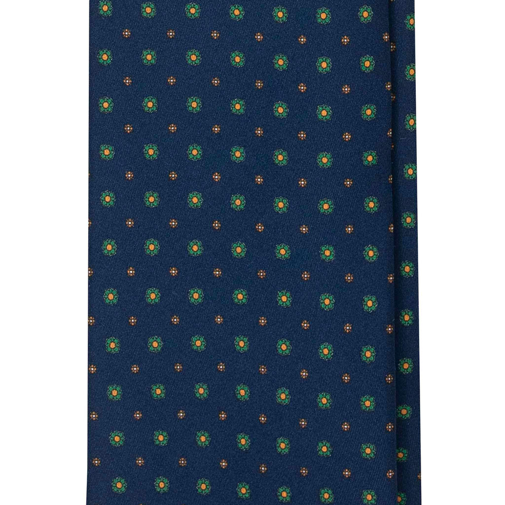 Navy Blue Silk Tie with Small Flowers Pattern Serà Fine Silk