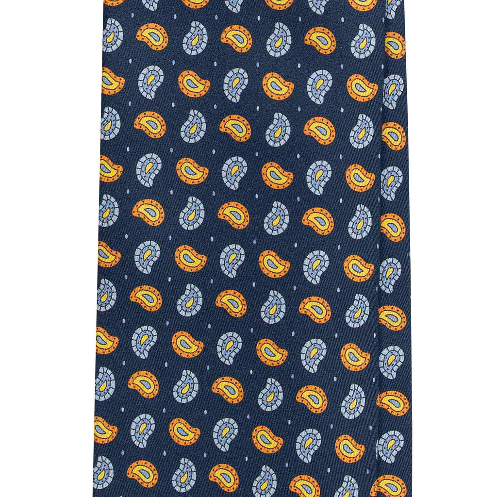 
Navy Silk Tie with Orange and Light Blue Paisley Pattern Serà Fine Silk