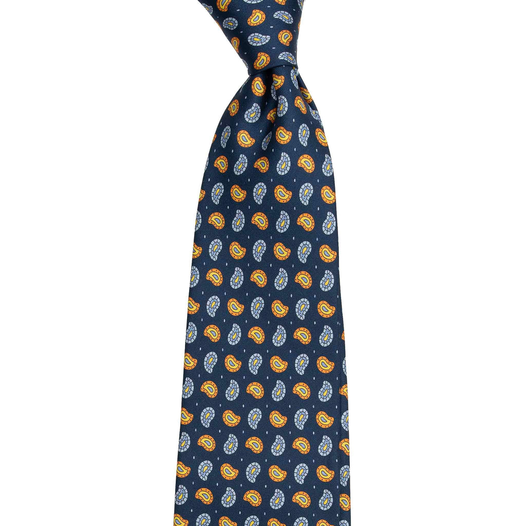 Navy Silk Tie with Orange and Light Blue Paisley Pattern Serà Fine Silk