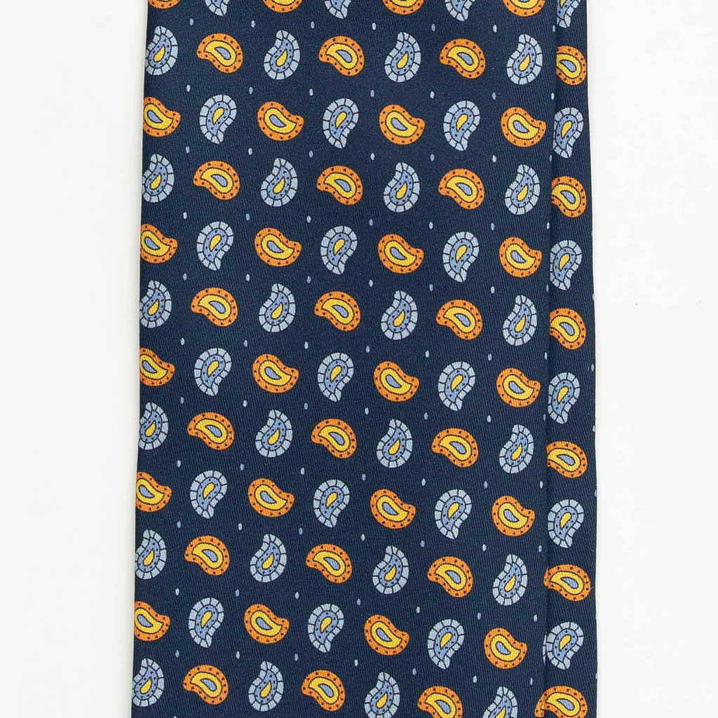 Navy Silk Tie with Orange and Light Blue Paisley Pattern Serà Fine Silk