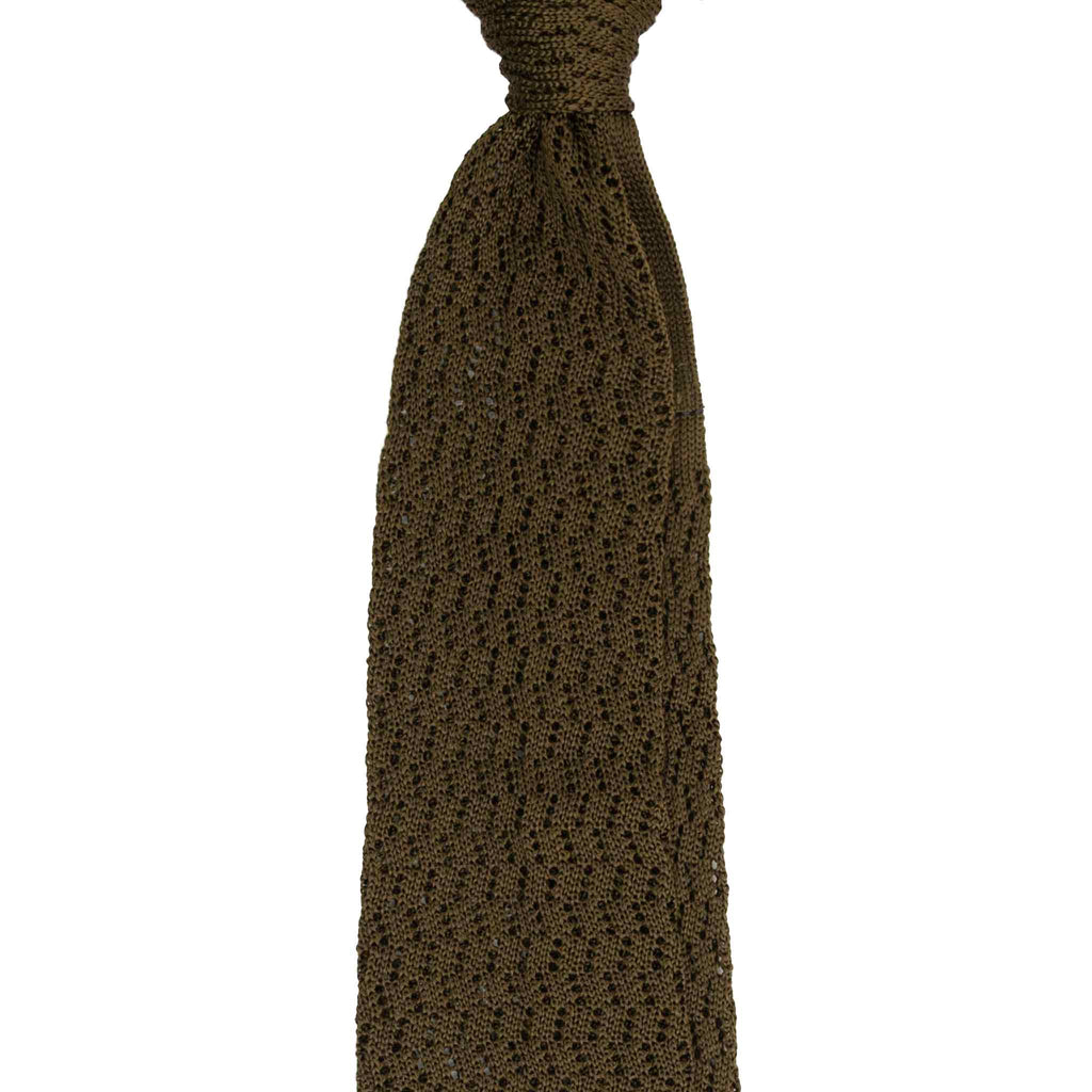 Olive Green Zig Zag V Point Knitted Silk Tie Serà Fine Silk