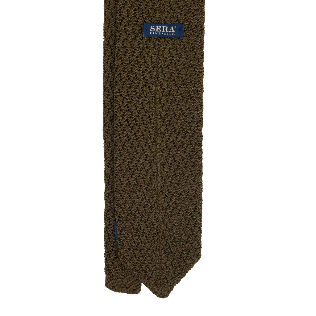 Olive Green Zig Zag V Point Knitted Silk Tie Serà Fine Silk