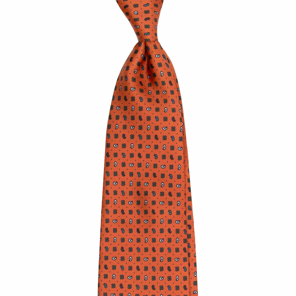 Orange Silk Tie & Leather Barolo Pocket Square Set Serà Fine Silk