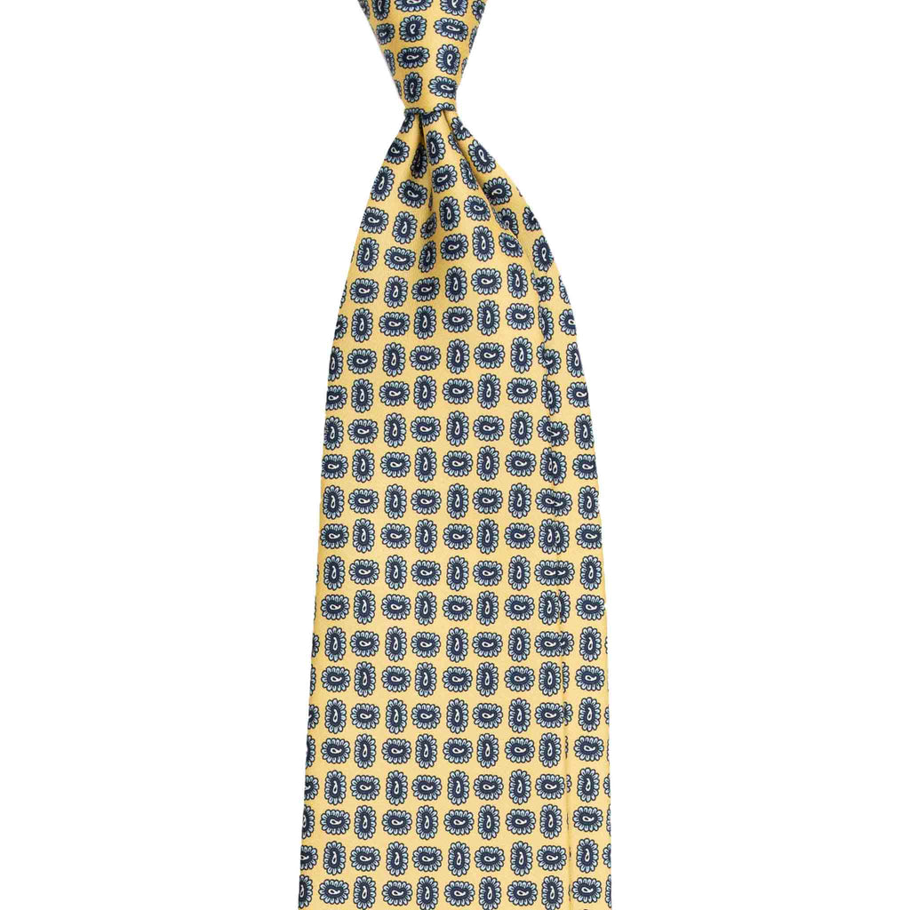 Yellow Silk Tie with Small Blue Paisley Pattern Serà Fine Silk