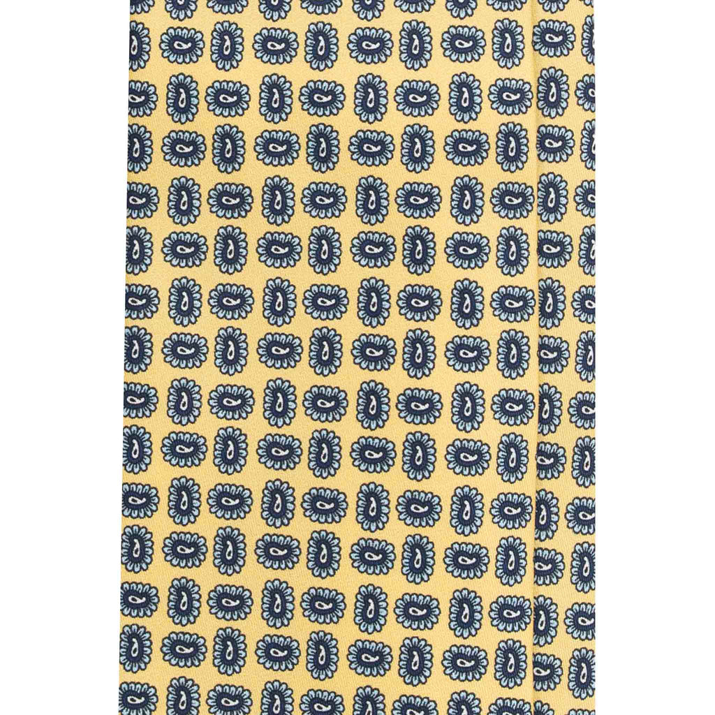 Yellow Silk Tie with Small Blue Paisley Pattern Serà Fine Silk