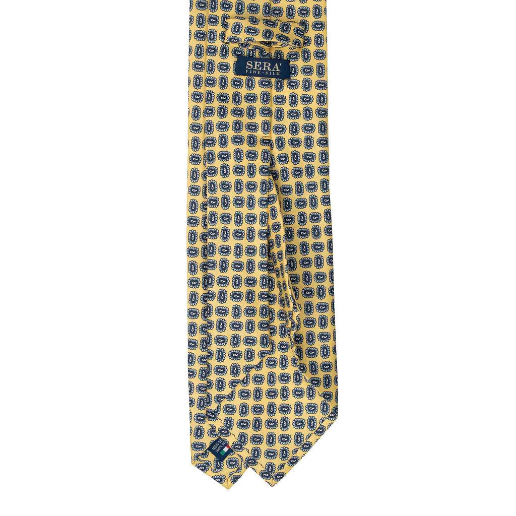 Yellow Silk Tie with Small Blue Paisley Pattern Serà Fine Silk