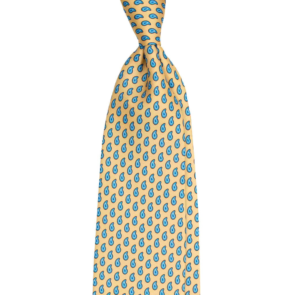 Yellow Silk Tie with Small Blue Paisley Serà Fine Silk