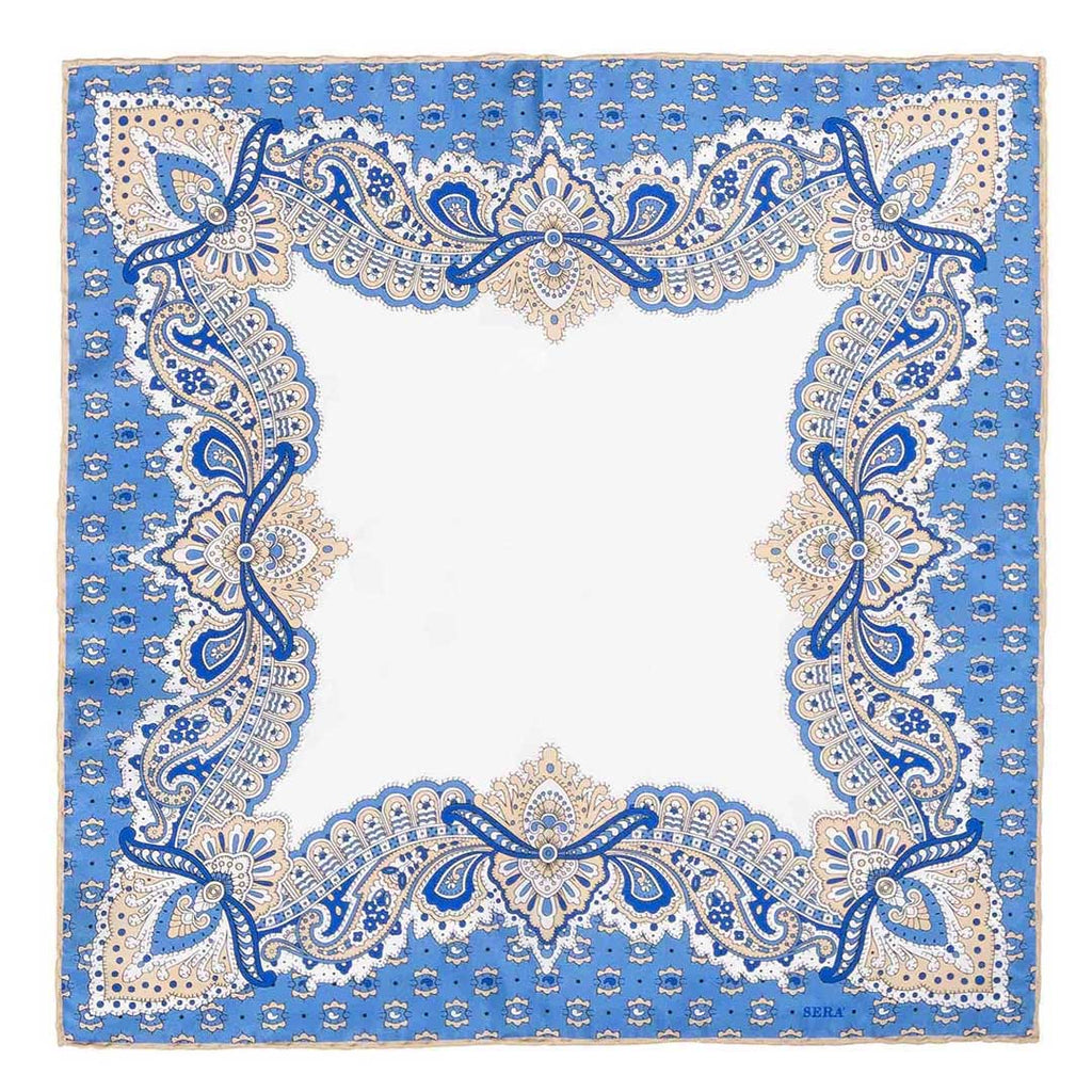 White and Light Blue Silk Pocket Square Ortensia  Serà Fine Silk