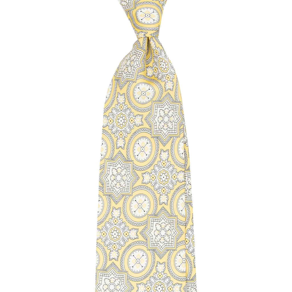 Yellow and White Big Medallions Silk Tie Serà Fine Silk