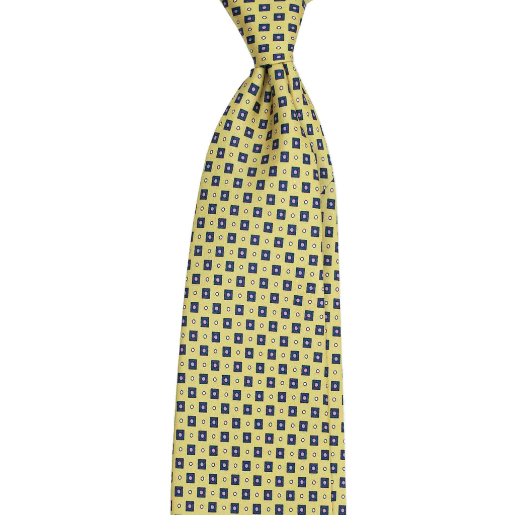 Yellow Silk Tie with Blue Square Pattern Serà Fine Silk