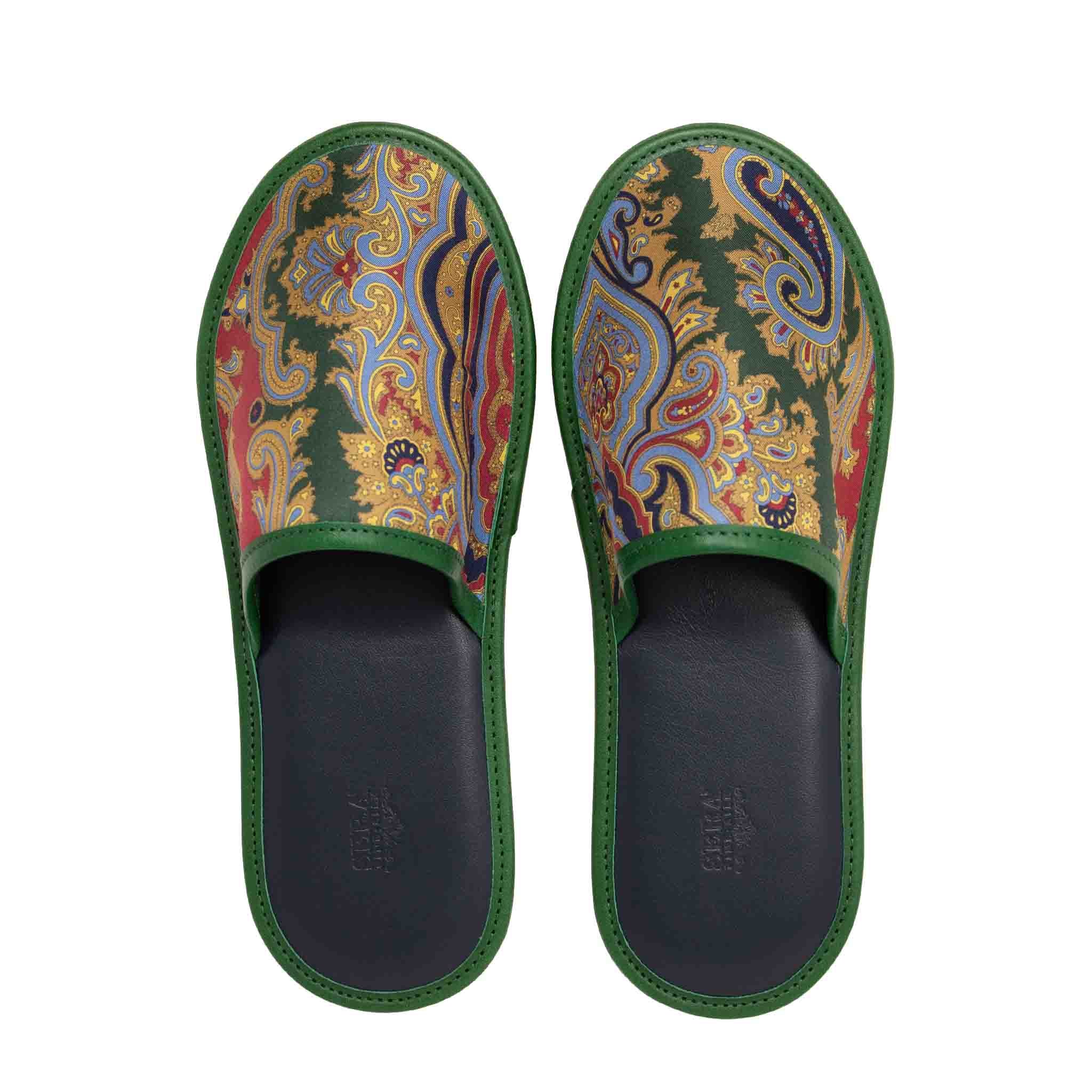 Green and Burgundy Paisley Silk Leather Slippers Sera Fine Silk