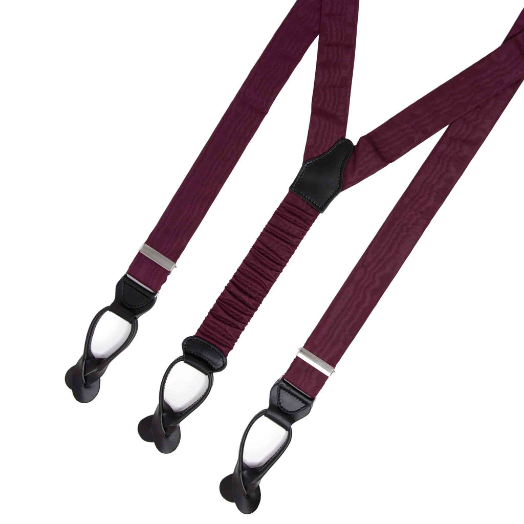 burgundy moire button only silk suspenders - serà fine silk